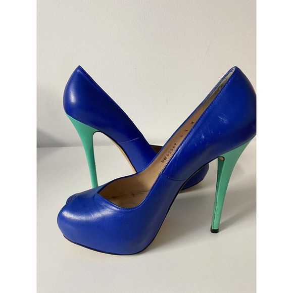 Stuart Weitzman Victoria Pump Ultramar Blue Colorblock Peep Toe Leather … - Picture 8 of 12